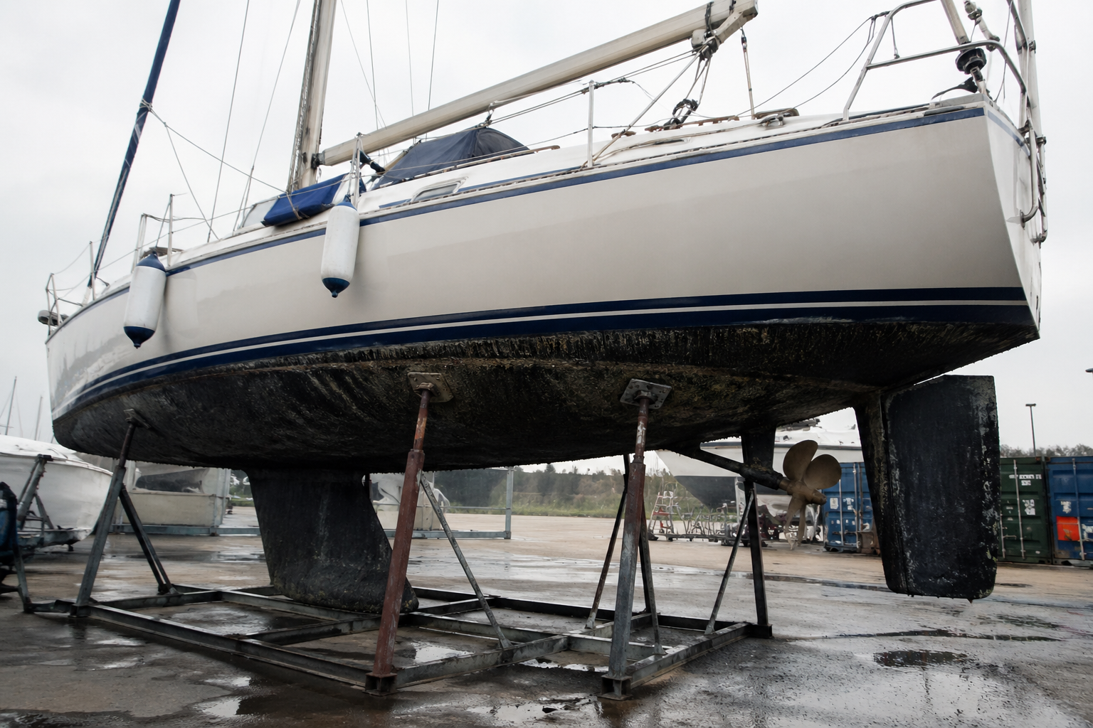 Sailing yacht hauled out on stands for an out-of-water hull survey